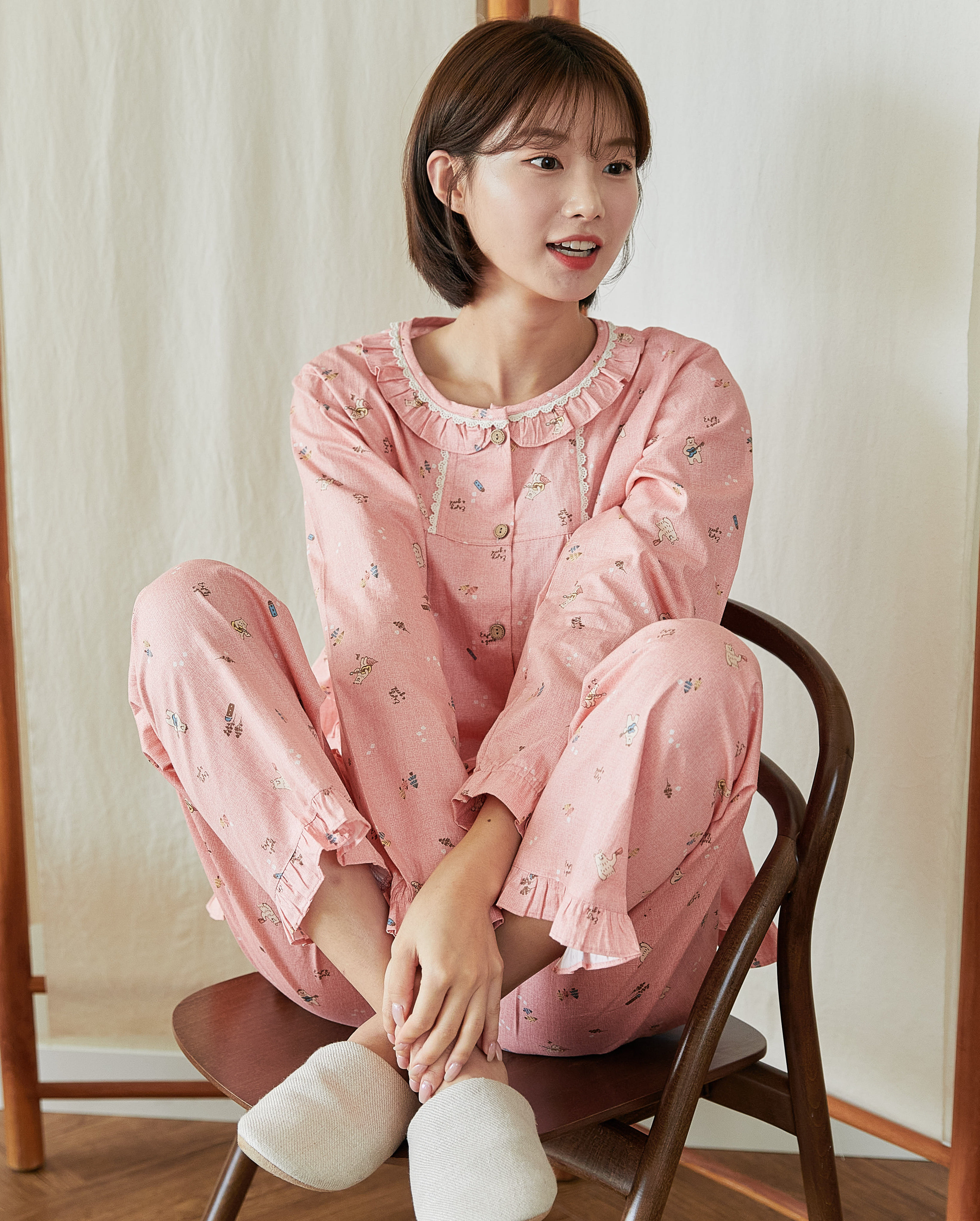 국산 여성 C-8024 순면 기타곰 핑크 긴소매상하 홈웨어 잠옷 파자마