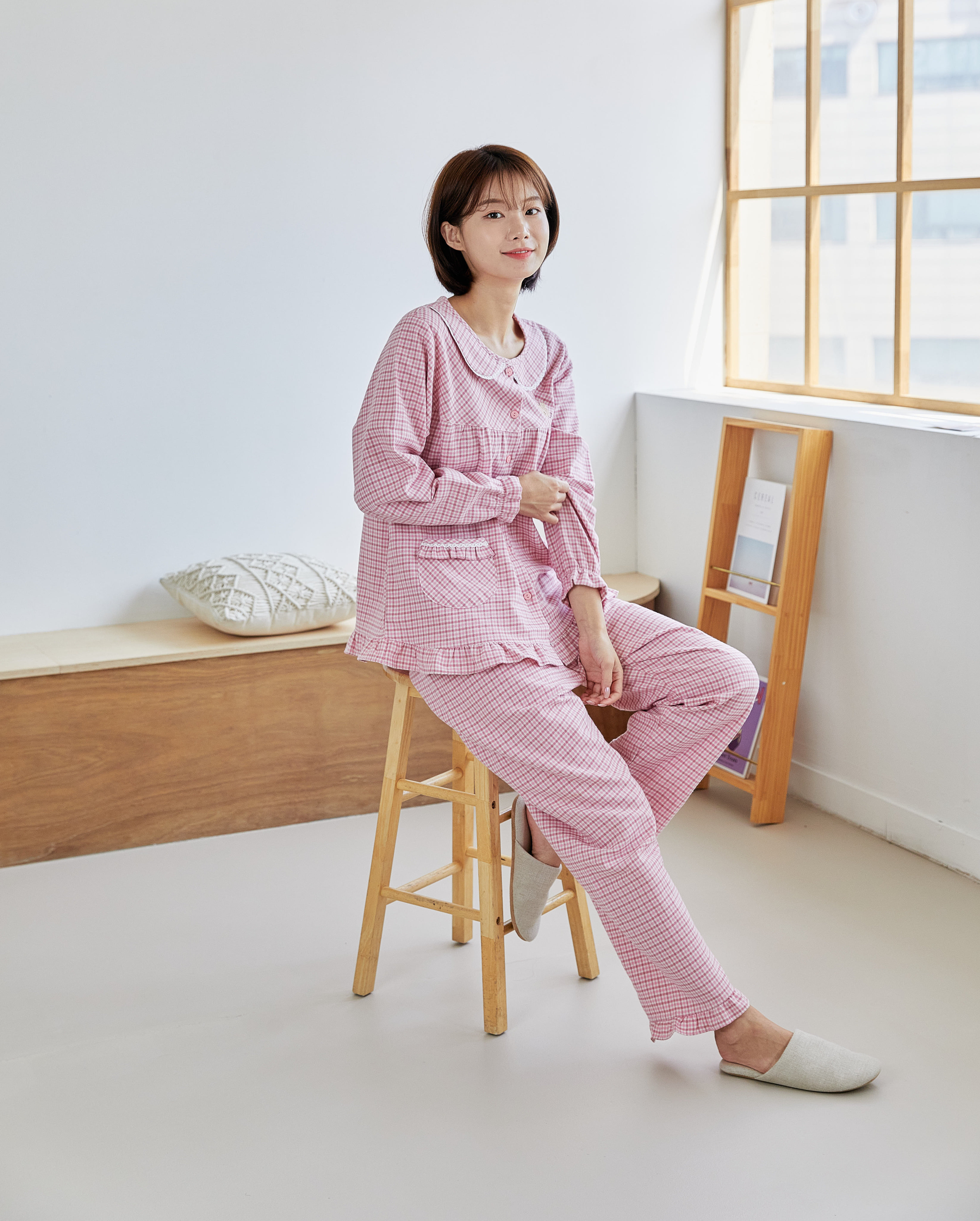 국산 여성 C-8028 선염 우디체크 핑크 긴소매상하 홈웨어 잠옷 파자마